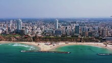 Tel Aviv Seascape Promenade And Hotels Skyline Aerial Drone View 4k 