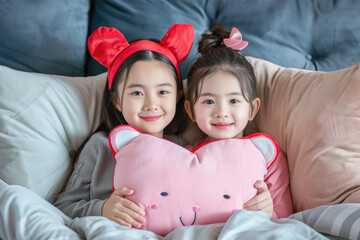 Wall Mural - Girls Sitting on Bed with Pink Pillow