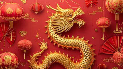 Oriental traditional Dragon artwork on red background. Lunar New Year Celebration