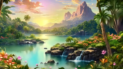 Wall Mural - Sunny tropical palm and flower paradise view beach landscape.