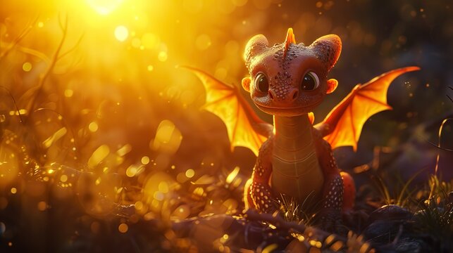 3d cartoon of cute adorable dragon illuminated by sunlight