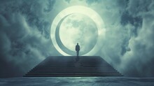 A Man Stands At The End Of A Stairway, Facing A Giant Moon In The Background.