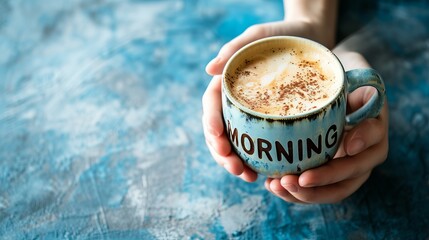 Wall Mural - Positive morning concept  hands holding coffee cup with  morning  text on mug for a happy start