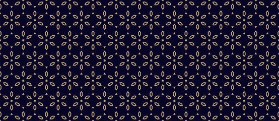 Wall Mural - Golden geometric floral pattern. Vector ornamental seamless texture in traditional oriental style. Abstract luxury ornament with flower shapes. Elegant black and gold background. Repeated geo design