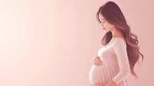 Modern Banner About Pregnancy And Motherhood. Poster With Beautiful Young Pregnant Woman With Long Hair And Place For Text. Minimalistic Design, Flat Illustration