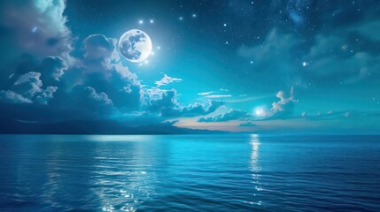 Wall Mural - romantic and scenic panorama with full moon on sea to night