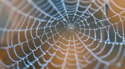 Cobweb or spiderweb natural rain pattern background close-up. Cobweb with drops of rain pattern in blue light. Cobweb net texture with morning rain bokeh. Partial blur view lines spider web necklace