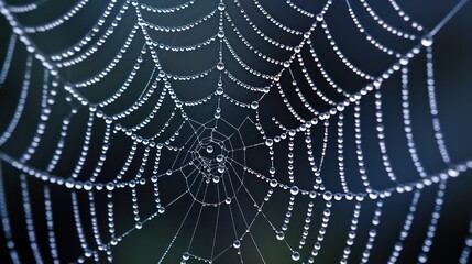 Wall Mural - Cobweb or spiderweb natural rain pattern background close-up. Cobweb with drops of rain pattern in blue light. Cobweb net texture with morning rain bokeh. Partial blur view lines spider web necklace