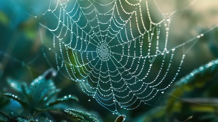 Wall Mural - Spider web, plants and dew drops close-up. Natural pattern. Golden background. Soft sunlight. Macrophotography, graphic resources, insects, environmental conservation. Panoramic view, copy space