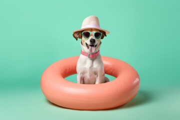 dog in sun glasses and swimming ring enjoying summer