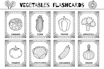 Sticker - Vegetables flashcards black and white set. Flash cards collection for coloring in outline. Learn food vocabulary for school and preschool. Corn, pepper, cabbage and more. Vector illustration