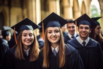 Happy graduates of university smiling posing holsing diplomas.