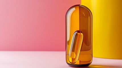 Wall Mural - Bright yellow capsule close up of d vitamin or omega 3 on pastel blurred background with copy space