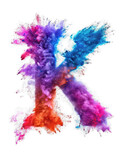 Fototapeta Motyle - Multicolored powder Holi font explosion isolated on transparent background. Full color letter K. An explosion of color dust in high resolution. Festival clip art