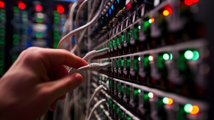 Wall Mural - close-up of a technician plugging an ethernet cable into a server's network switch, data center envi