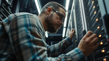 Wall Mural - focused technician in glasses meticulously adjusts equipment in a high-tech server room with glowing