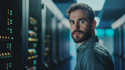 Wall Mural - focused male it expert examines server hardware in the vibrant glow of network lights