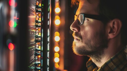 Wall Mural - close-up of a bespectacled man with a beard, marveling at the illuminated server racks in a dimly li