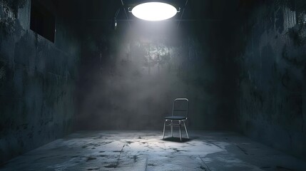 Dark, gritty interrogation room with single bright light overhead