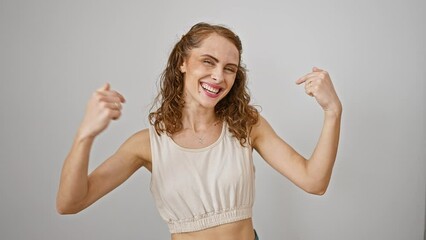 Wall Mural - Cheerful young woman oozing self-esteem, confidently pointing at herself, proudly standing isolated over a white background, embodying the great ad concept of joyful success.