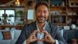 © akarawit - A businessman making heart shape with hands in modern office