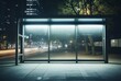 a bus stop with a glass wall and trees and a road