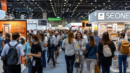 Professional business executives standing in exhibition hall with copy space, blurred background