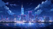 A Beautiful Modern Cityscape With A Lake At The Edge Of The City And A Blue Sky And Clouds Above. Luminous Modern City Background In Japanese Animation Or Anime Style. Created With Generative AI.