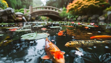 Wall Mural - a pond filled with lots of fish next to a bridge