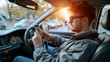 Irresponsible young man endangering lives by texting while driving, distracted driving concept