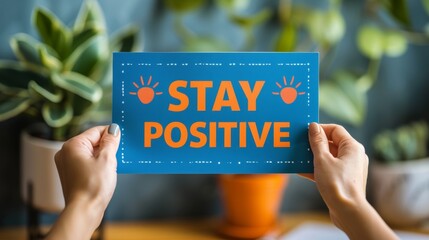 Motivational success concept  woman holding  stay positive  sign on abstract blurred background.