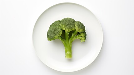 Poster - A broccoli placed on a circular white plate against a white background, viewed from above