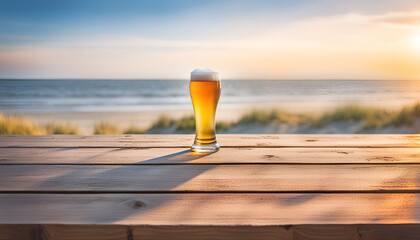Wall Mural - a glass of fresh beer on a table by the beach with copy space