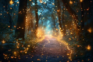 Wall Mural - Enchanted woodland scene with fireflies at twilight, magical atmosphere emphasizing wonder and natural beauty