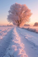 Poster - Dawn breaking over a frosty winter scene, pristine snow fields capturing the tranquility and beauty of sunrise