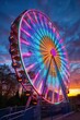 Lively carnival atmosphere at night, ferris wheel illuminated, capturing joy, entertainment, and community spirit