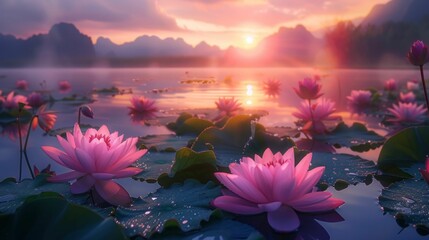 Poster - Serene lotus pond at sunrise, symbolizing purity, rebirth, and the beauty of tranquil moments