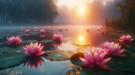 Sticker - Sunrise over a tranquil lotus pond, embodying concepts of purity, renewal, and the serene beauty of still moments