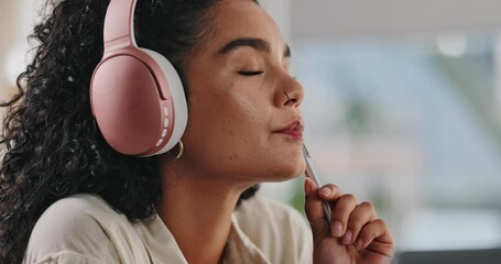 Wall Mural - Woman, headphones and thinking of ideas with laptop, student learning at home with pen and inspiration for writing project. Insight, remember and problem solving while listening to music for research