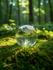 Wall Mural - crystal globe on moss in a forest, realistic, hd, copy space - generative ai