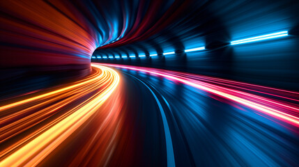 Abstract empty road tunnel with colorful light trails.