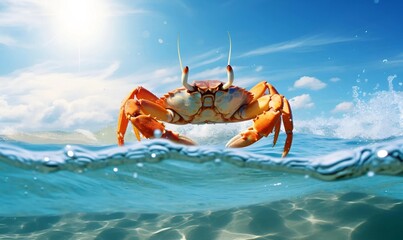 Wall Mural - close up crab in ocean water with blue sky