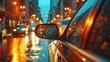 Rainy city streetscape viewed through car mirror in vibrant colors
