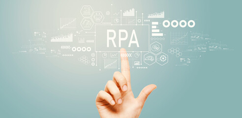 Wall Mural - robotic process automation rpa theme with hand pressing a button on a technology screen