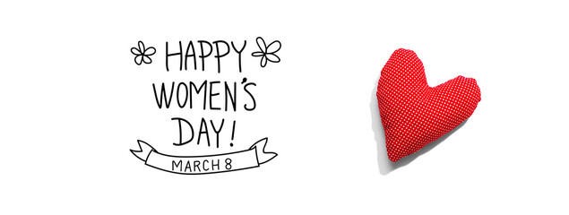 Wall Mural - Happy womens day message with a red heart cushion - flat lay