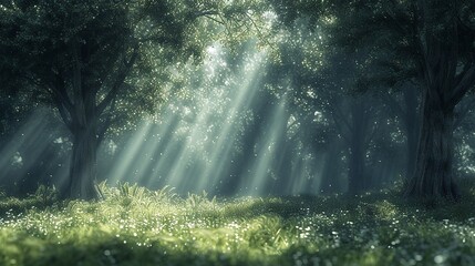 Canvas Print - Enchanting sunbeams break through a serene grove highlighting a fairy tale woodland.