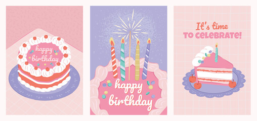 Wall Mural - Set of birthday party cake greeting card designs