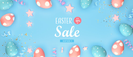 Wall Mural - Easter sale message with Easter eggs with spring holiday pastel colors - 3D render