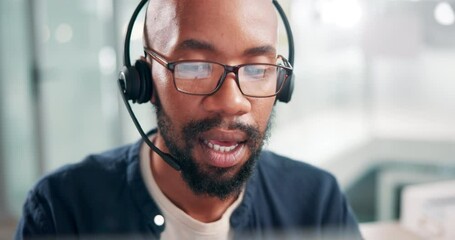 Sticker - Call center, telemarketing and customer service with black man, communication and connection in workplace. African person, consultant or insurance agent with help desk, headphones and tech support