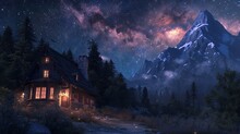 Cozy mountain retreat under a starry sky with warm glowing windows